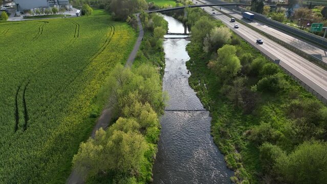 River bridge fly-in fly in closing up with drone aerial