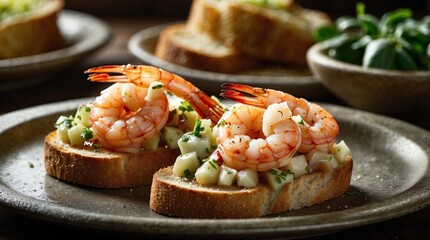 Delicious shrimp bruschetta topped with diced vegetables and herbs, served on a rustic plate