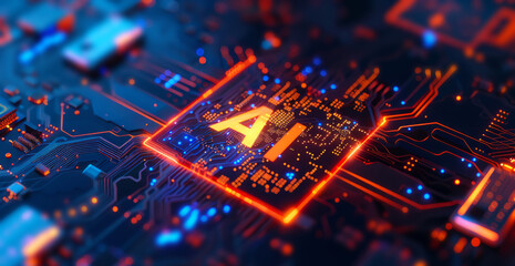 A vibrant blue and orange artificial intelligence microchip stands out with its intricate pattern of connectivity