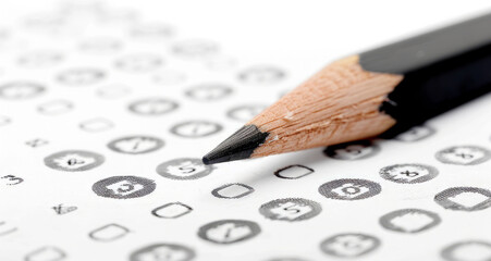 Close-up of a black pencil on multiple choice questionnaire