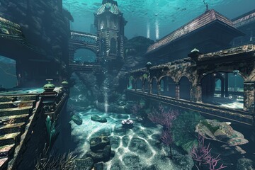 Mysterious underwater ruins of a lost civilization with coral and fish in the depths