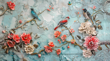 3D blooming flowers and birds, Fluid abstract expressionism, Aesthetics colorful floral inspirational tenderness illustration, oil paint, 3D Wall decoration photo, Generated AI.