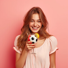 A beautiful girl laughing with a lovely smile and very nice teeth, holding a cocktail that looks like a football. The background is a soft pink, summer vibe