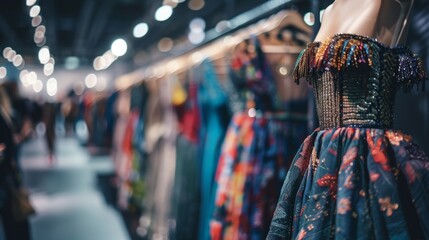 A woman dress hanging on a display rack in a retail store, showcasing its design and style to potential customers.