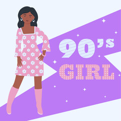 A girl in a retro-style dress. 90 characters. y2k characters. Fashion of the 90s.