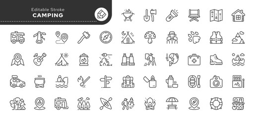 Camping, hike, tourism, camp and travel - series. Set of line icons in linear style. Outline icon collection. Conceptual web pictogram.	