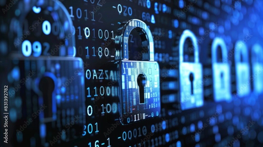 Poster A padlock symbolizing security is displayed on a computer screen with numbers in the background.