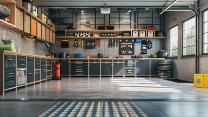 Well-organized garage with a clean floor and neatly stored items, reflecting a thorough cleaning