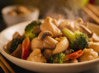 Stir fry with chicken, mushrooms, broccoli and peppers - Chinese food