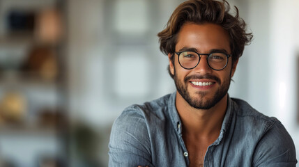 Smiling young Caucasian man with glasses and wavy hair in a denim shirt, in a modern office background