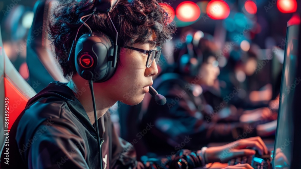 Aufkleber a young man wearing headphones is focused while using a computer.