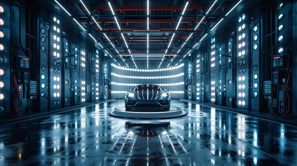 Sleek Sports Car Showcased in a Modern Illuminated Showroom at Night