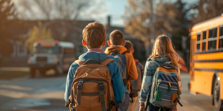 Students with backpacks getting on the school bus. Concept School, Students, Backpacks, School Bus, Transportation