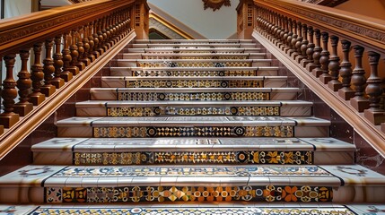 A grand staircase with an intricate mosaic tile pattern on each step