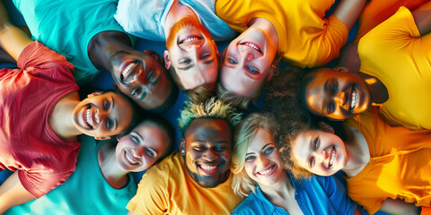 Diverse Group of Friends Lying in a Circle Smiling at the Camera. A vibrant and joyful image of a diverse group of friends lying in a circle on the ground, smiling at the camera.