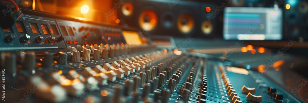 Poster A detailed view of a professional sound mixing console with multiple sliders, knobs, and buttons being adjusted to create the perfect audio balance for a recording session. Generative AI