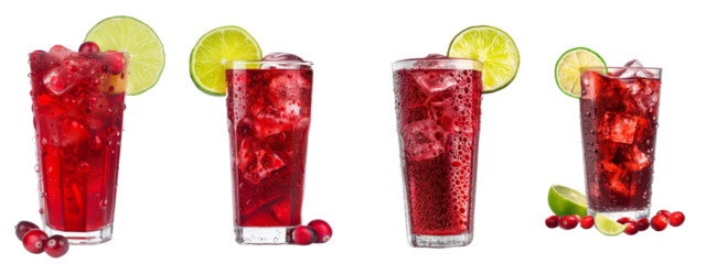 Four different drinks with a lime slice in each. The drinks are all red and have a frosty appearance isolated transparent background