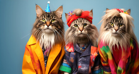 Creative animal concept. Group of Maine Coon cat kitty kitten in funky Wacky wild mismatch colourful outfits on bright background, copy space. birthday party invite invitation banner	
