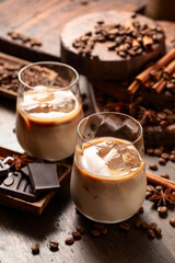 Cream and coffee cocktail in glasses with ice.