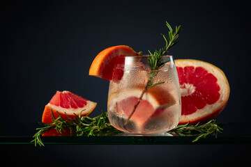 Cocktail gin tonic with ice, grapefruit, and rosemary.