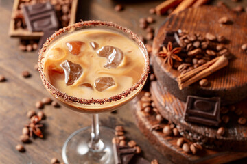 Cream and coffee cocktail with ice.