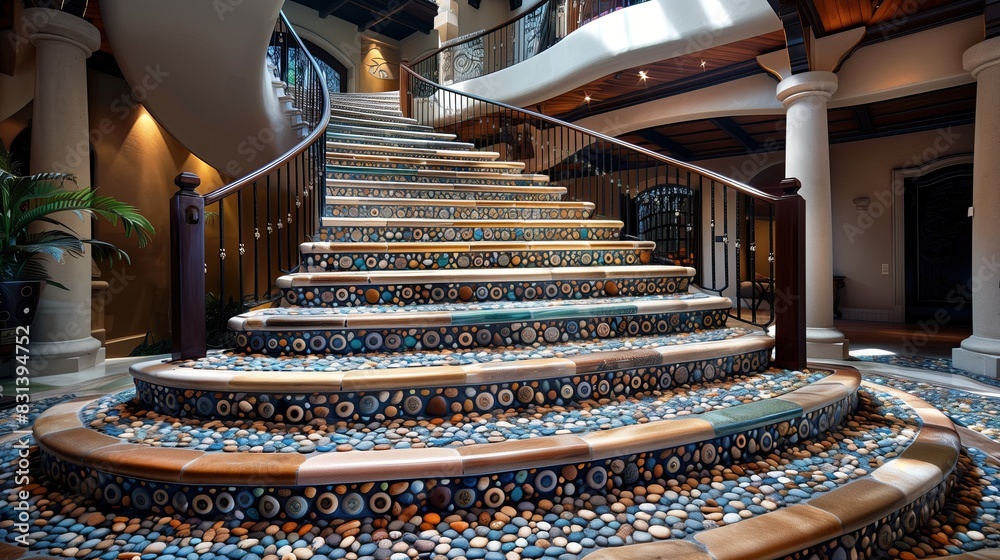 Wall mural a grand staircase with an elegant, curved design and a series of steps that feature a unique, pebble