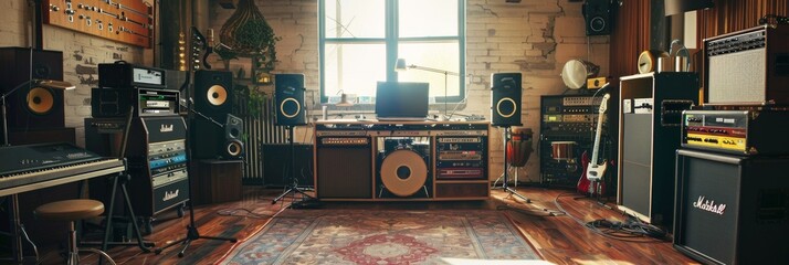 A vibrant display of musical creativity, showcasing a room inundated with a plethora of top-of-the-line musical equipment, ready to bring any composition to life. Generative AI