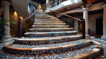 A grand staircase with an elegant, curved design and a series of steps that feature a unique, pebble mosaic