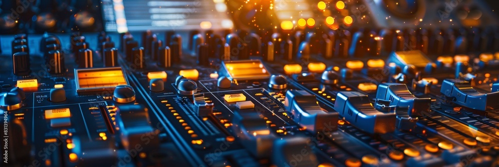 Poster A detailed view of a sound mixing console filled with knobs, sliders, and buttons, ready to blend and manipulate audio levels. Generative AI