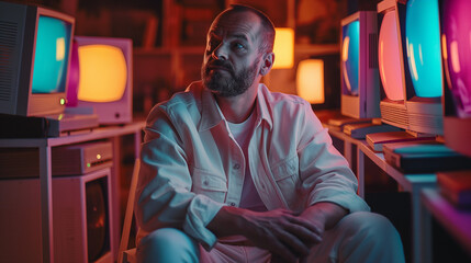 Retro-Inspired Photography of a 43-Year-Old Man in Neon-Lit Room with Vintage Televisions, Merging Nostalgia and Modern Art
