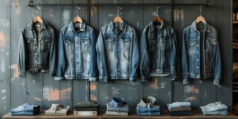 Blue jeans and shirts hanging creating a casual and stylish display. Concept Indoor Display, Casual Chic Style, Denim Fashion, Clothing Arrangement, Stylish Decor