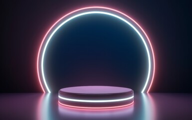 An empty round podium on a platform with neon lighting. Commercial photo.