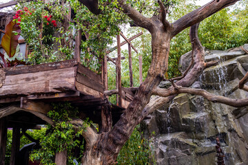 Wooden tree house and water feature