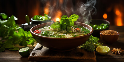 A steaming bowl of pho with fresh herbs and lime wedges on a rustic wooden table. 