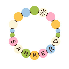 Cute bracelet with pastel color beads and hand drawn letters Summer. Handmade bracelet for beach party. Vector illustration isolated on white background