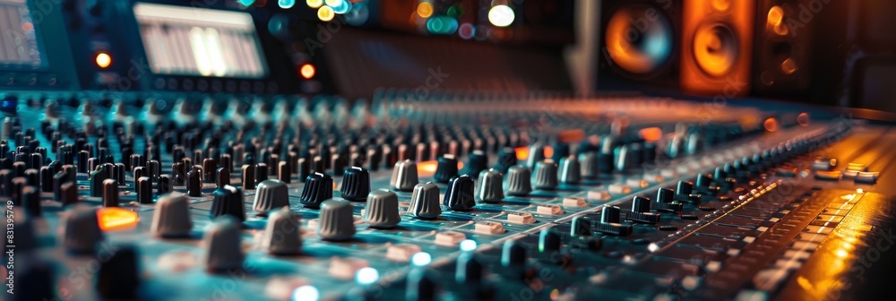 Poster an intricate sound mixing console with knobs, faders, and meters, capturing the essence of music pro