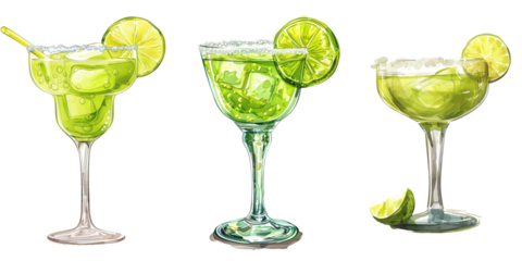 Three green martinis with lime slices on top. The glasses are all different shapes and sizes. The image has a bright and cheerful mood isolated transparent background