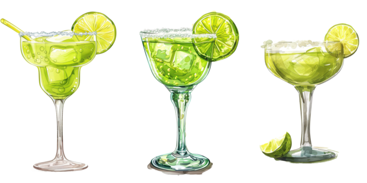 Three green martinis with lime slices on top. The glasses are all different shapes and sizes. The image has a bright and cheerful mood isolated transparent background