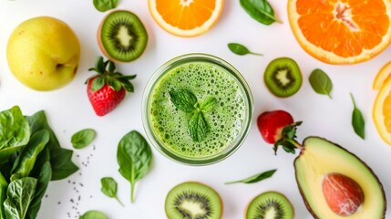 Fresh Green Smoothie in Glass Jar Surrounded by Fresh Fruits and Vegetables, Healthy Eating, Organic Ingredients, Raw Diet, Vegan Detox, Clean Eating, Weight Loss, Generated AI