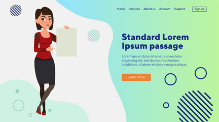 Asian businesswoman in casual wear holding blank document. Female cartoon character pointing at sheet of paper. Vector illustration. Business, advertising concept for website design or landing page