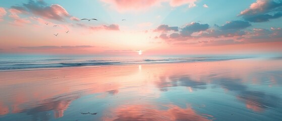 Fototapeta premium A tranquil beach at sunset, the pastel hues of the sky mirrored in the calm waters, with seagulls soaring overhead