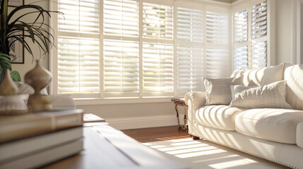 Bright living room in a classic style with white wooden blinds on the windows. Blinds as an option for protection from excessive sunlight.