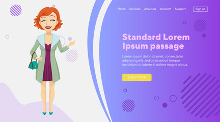 Beautiful woman with ladies bag laughing. Fashionable redhead lady in purple dress pointing at copyspace. Vector illustration. Fashion, beauty, advertising concept for website design, landing page