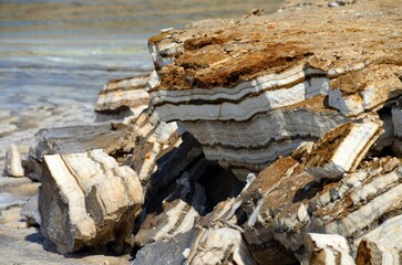 Trozos de tierra y sal en el Mar Muerto, Jordania.