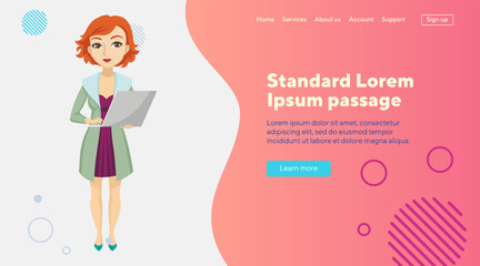 Confident business woman with laptop. Pretty redhead lady in purple dress. Flat vector illustration. Business, occupation, work concept for website design, landing page