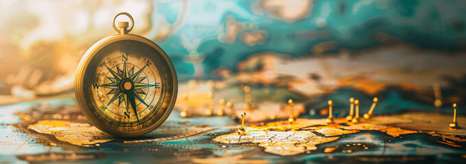 A gold colored compass is on a map of the world