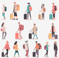 A group of people are walking with their luggage, some of them wearing hats