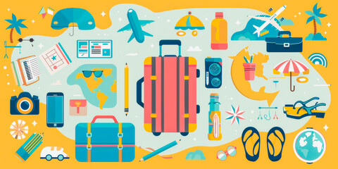 A colorful illustration of various travel items such as suitcases, umbrellas