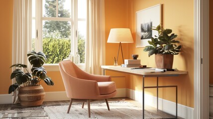 Uplifting home office decorated with Apricot Crush items, including a chair, lamp, and accessories