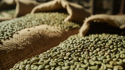 Obraz premium Burlap sacks brimming with green coffee beans are displayed in a warehouse, ready for processing and brewing.